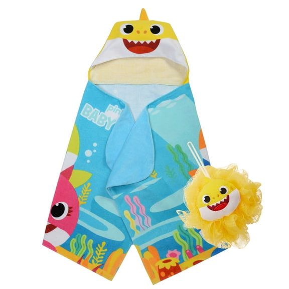 Baby Shark Kids Hooded Towel and Character Loofah Set, Cotton, Blue, Pinkfong