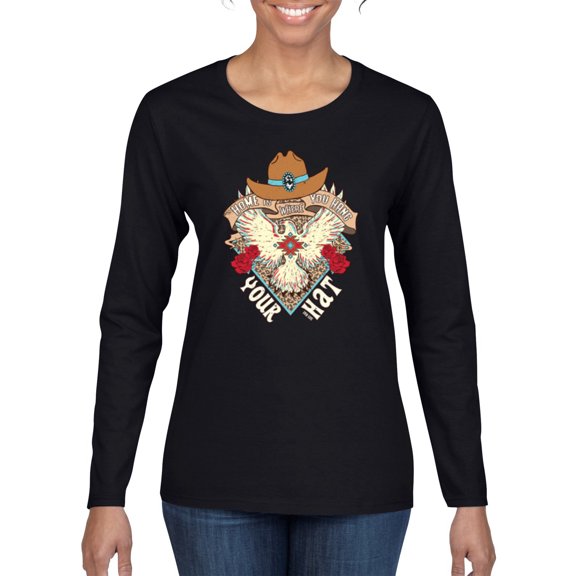 Wild Bobby Home Is Where You Hang Your Hat Country Eagle Pop Culture Women Graphic Long Sleeve Tee, Black, Small