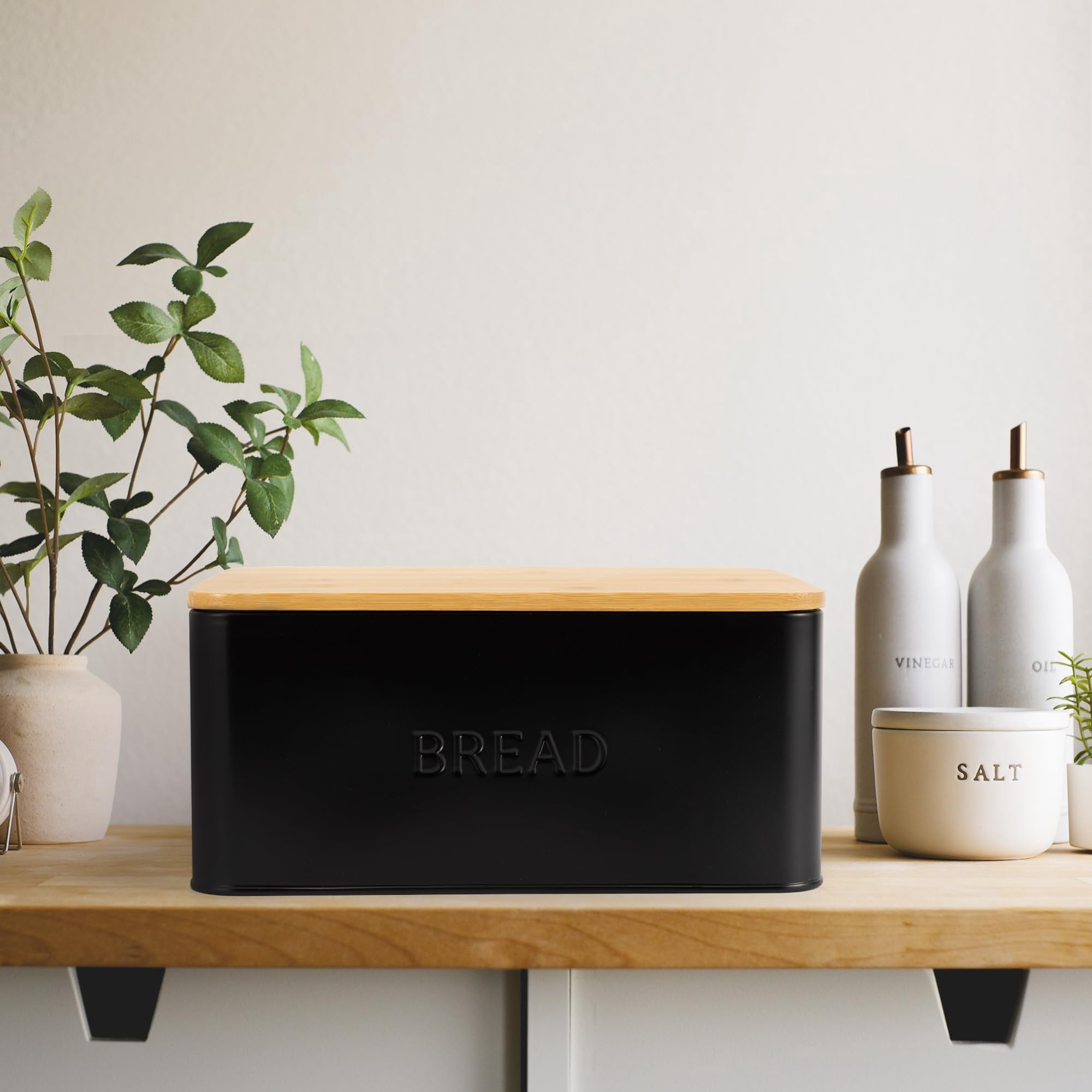 Stylish Bread Box with Wooden Lid for Kitchen Countertop, Spacious Storage Container for Homemade Bread Muffins Bagels, Premium Cutting Board Lid Keeps Bread Fresh