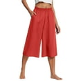 thumbnail image 2 of High Waist Flowy Linen Capris For Women Elastic Waistband Side Pockets Loose Fit Summer Casual Lounge Pedal Pushers Red 2XL, 2 of 5