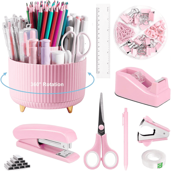 Kicpot 10Pcs Black Office Supplies Set, Rotating Pen Holder , Pen, Stapler, Tape Dispenser, Tape, Scissors,Clips and 1000pcs Staples, Staple Remover, Ruler, Office Decor