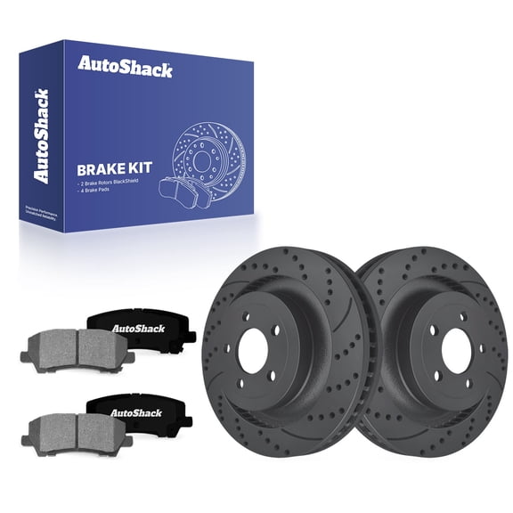 AutoShack Rear Vented Drilled & Slotted Coated Brake Rotors Black Matte Finish   Ceramic Pads 6-PC Brake Kit Replacement for 2015-2023 Ford Mustang BlackShield 12.99" (330 mm)