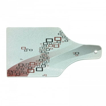 Abstract Cutting Board, Fractal Square Shaped Geometrical Forms with Wavy 2 Colored Backdrop Art, Decorative Tempered Glass Cutting and Serving Board, Wine Bottle Shape, Grey and Red, by Ambesonne