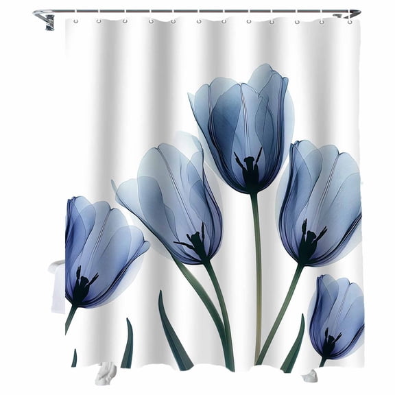 Shower Curtains Navy Blue Tulip Bath Curtain Plant Floral Waterproof Bathroom Shower Curtain Set with Hooks Decoration 72 x 84 Inches