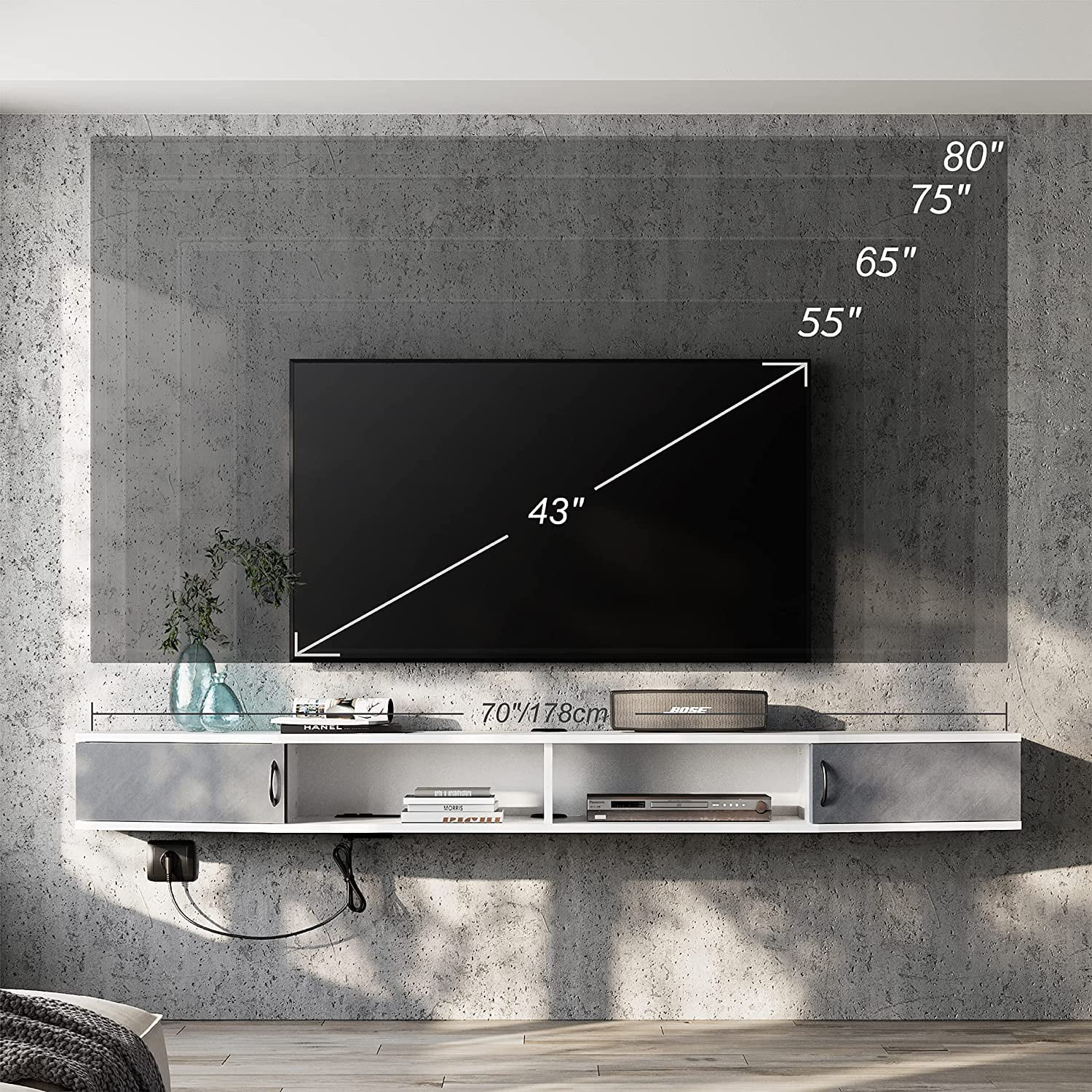 Floating TV Stand Wall Mounted Shelf,Wood Media Console Entertainment Center Under TV, Cabinet Hutch Desk Storage for Home and Office,Black