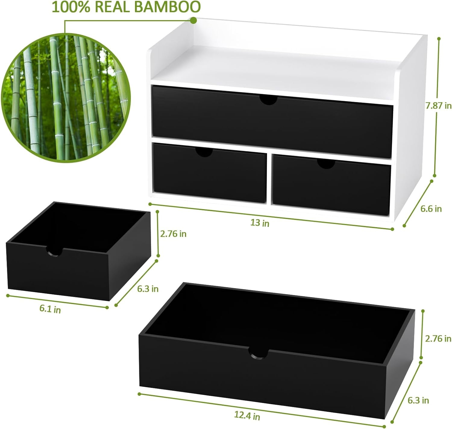 Bamboo Desk Organizer with Drawers - White Black Wood Desktop Storage for Office Supplies, Bills, Cosmetics, No Assembly Required