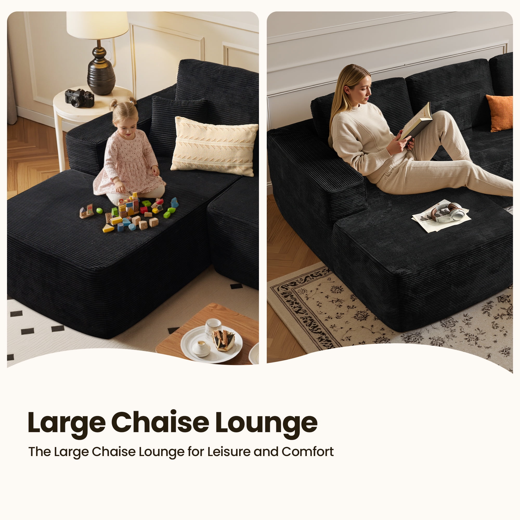Vcatnet 106" Modular Sectional Sofa Couch Corduroy Cloud Couch L Shaped Modern Minimalist Couch with Chaise for Living Room, Black