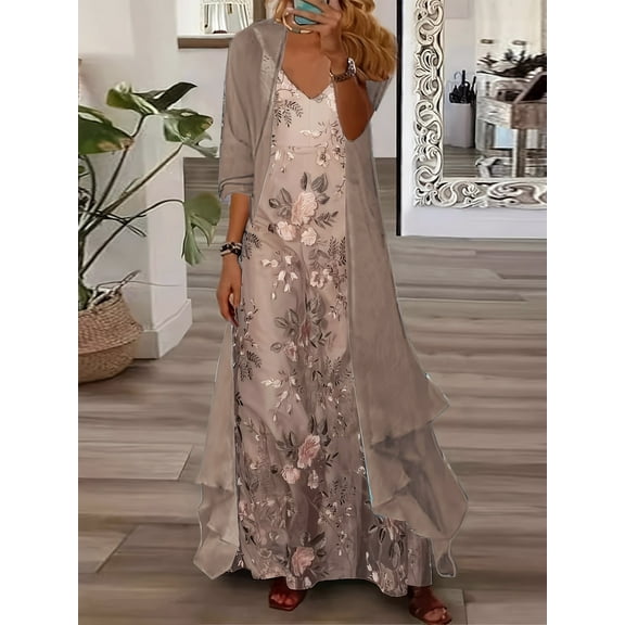 ZOELNIC Women's 2 Piece Summer/Fall Set - Sleeveless Spaghetti Strap Floral Maxi Dress with Sheer Cardigan, Matching Outfit, S