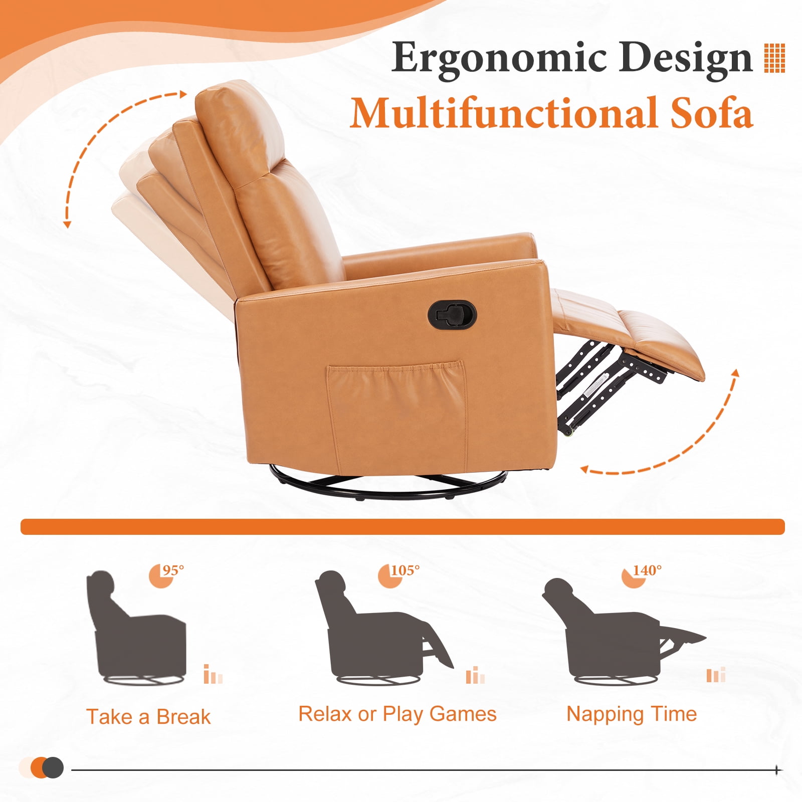 Recliner Message Chair with Footrest, Swivel Rocking Glider, High Back Upholstered Deep Seat for Living Room, Brown