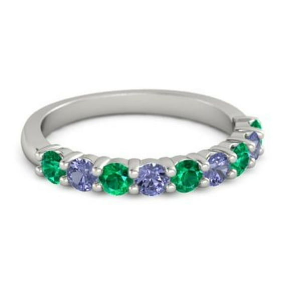 0.45ct Round Cut Green Emerald Tanzanite Eternity Band Ring 925 Sterling Silver Engagement Ring Jewelry Size:- 4