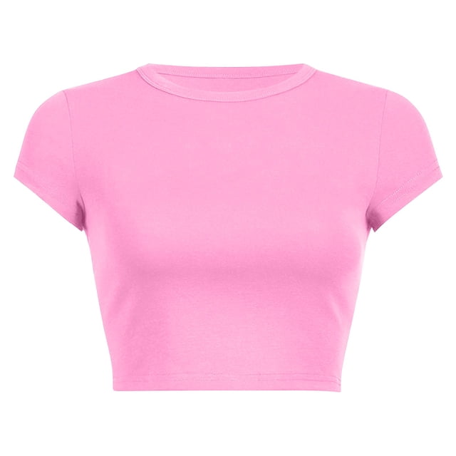 Prolriy Hauts d'Été pour Femmes 2025 T-Shirt Court à Col Rond Uni d'Été pour Femmes Hauts Rouges2 S