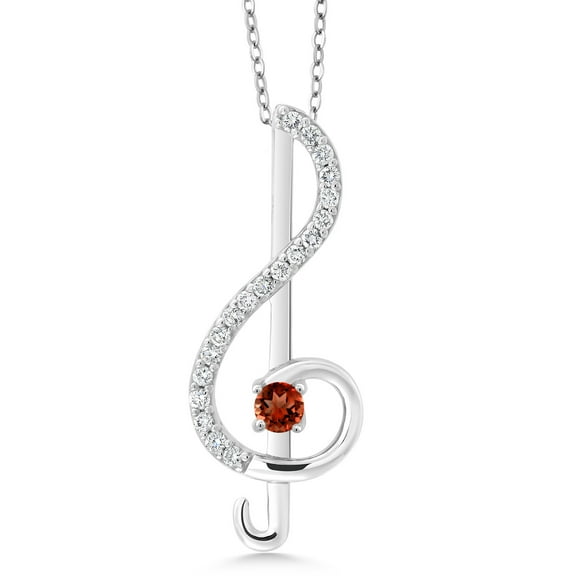 Gem Stone King Round Red Garnet Music Note Treble Clef Pendant Necklace for Women By Keren Hanan | Round 3MM | 925 Sterling Silver | Gemstone Birthstone | 0.34 Cttw | With 18 inch Silver Chain