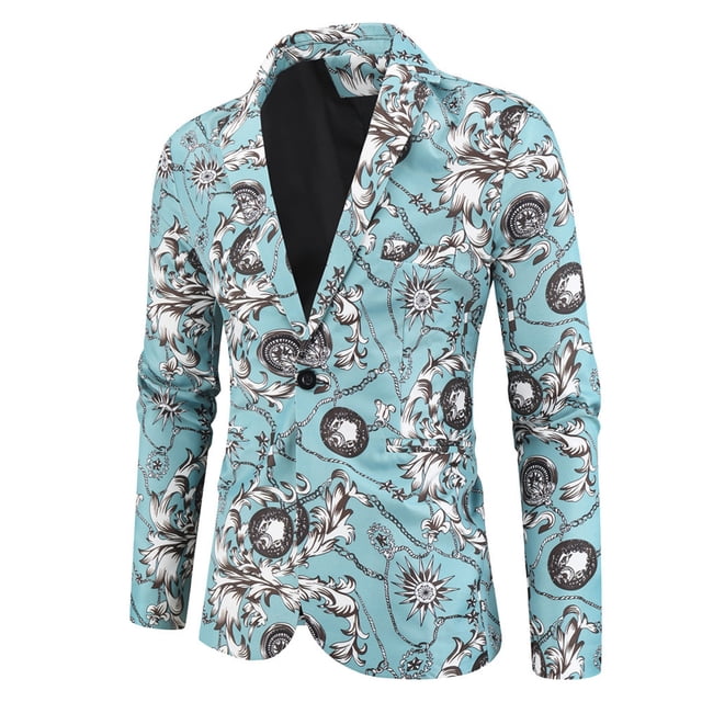 Penkiiy Blazer for Men Men's Printed Suit Single One Button Back Slit Long Sleeved Suit Collar Dress Performance Dress Casual Suit Jacket Blazer Light Blue Blazer