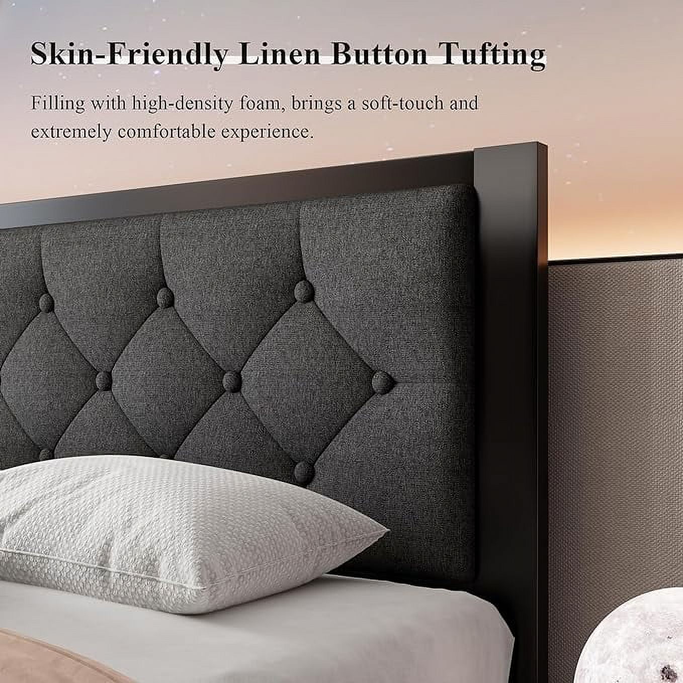 Feonase Twin Size Metal Platform Bed Frame with Linen Upholstered Headboard, 12" Under-Bed Space, Steel Slats Suppor, Black