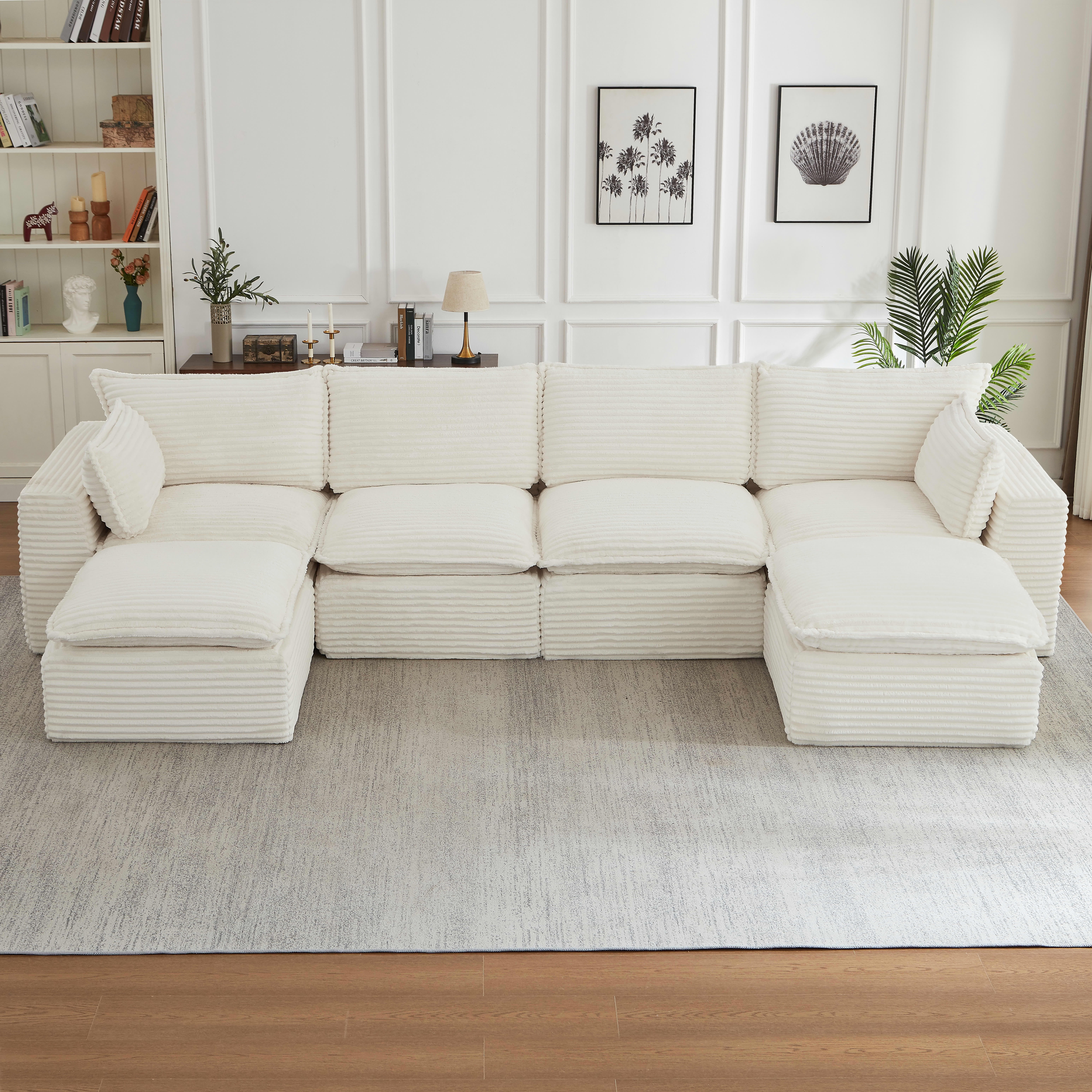 MAYEERTY Corduroy Oversized Sectional Sofa, Cloud Convertible U-Shape Couch with Ottoman for Apartment, White