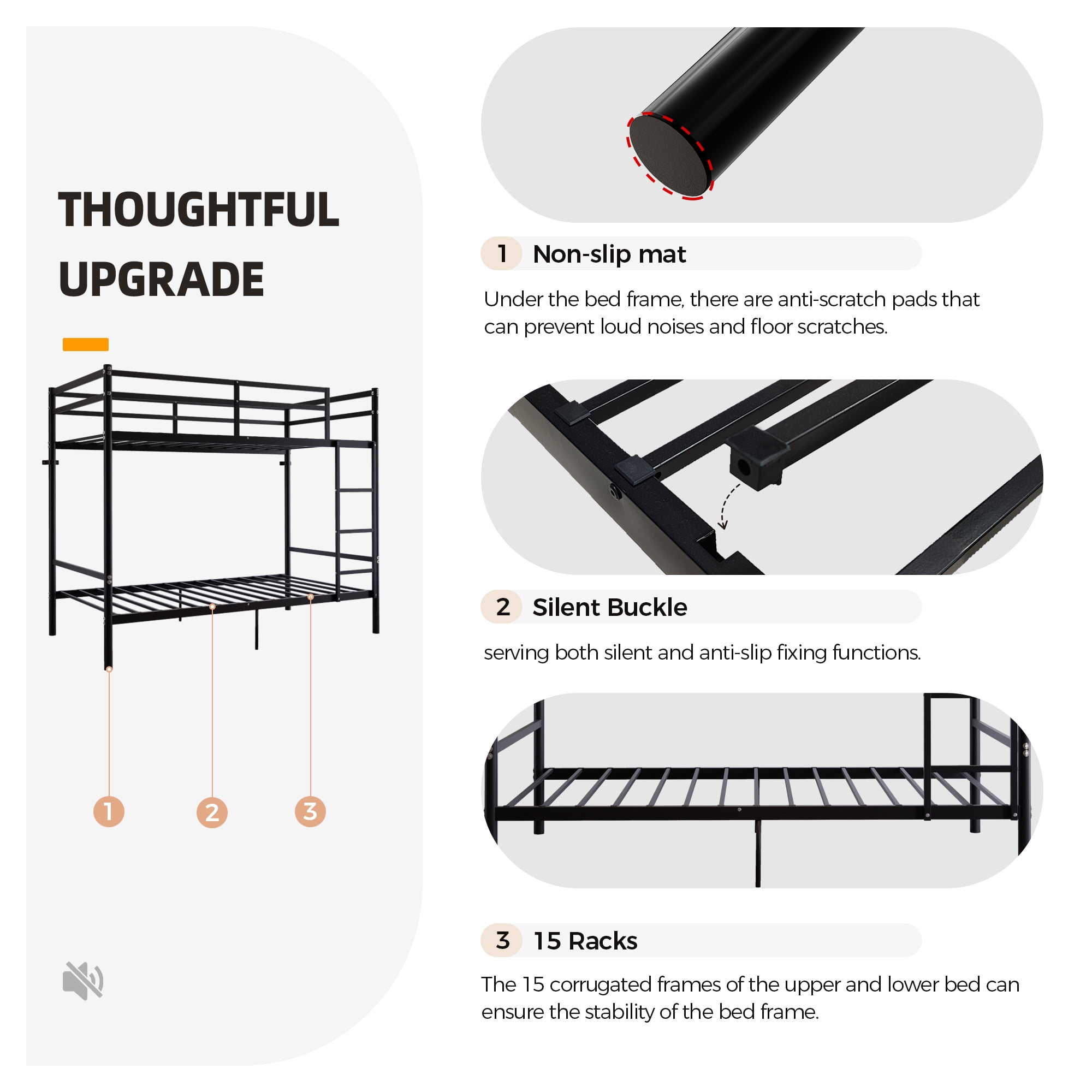Leumius Bunk Bed Twin Over Twin Size with Ladder and Guardrail,Heavy Duty Metal Slats Support,No Box Spring Needed,Small Space Saving Furniture for Bedroom Dorm,Black