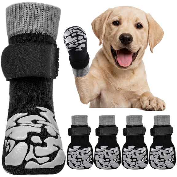 Kuoser Non-Slip Dog Socks for Hardwood Floors & Hot Pavement, Adjustable Pet Socks to Stop Licking and Slipping, Black, M