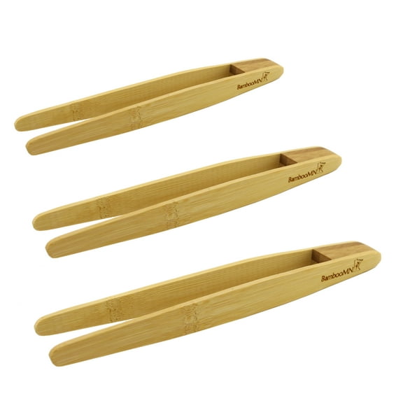 BambooMN Reusable Bamboo Wood Kitchen Tongs, Assorted Sizes - 3 Pieces