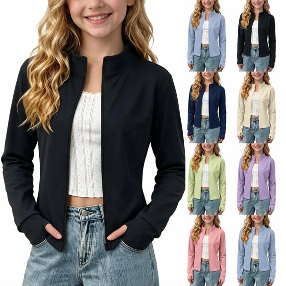 UKHCCC Girls Athletic Jacket, Full Zip High Neck Cropped Yoga Jacket, Moisture-Wicking Stretch Activewear for Running Ages 3-15
