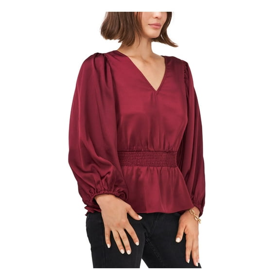 VINCE CAMUTO Womens Burgundy Smocked Blouson Sleeve V Neck Wear To Work Peplum Top S