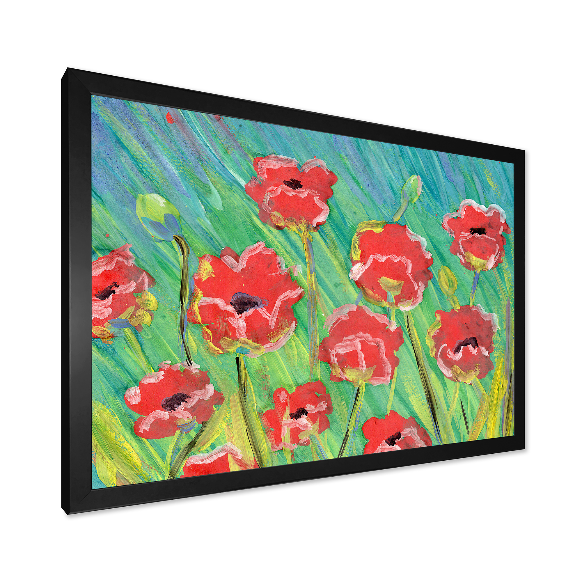 Designart 'Gouache Of Blooming Red Poppies' Traditional Framed Art Print
