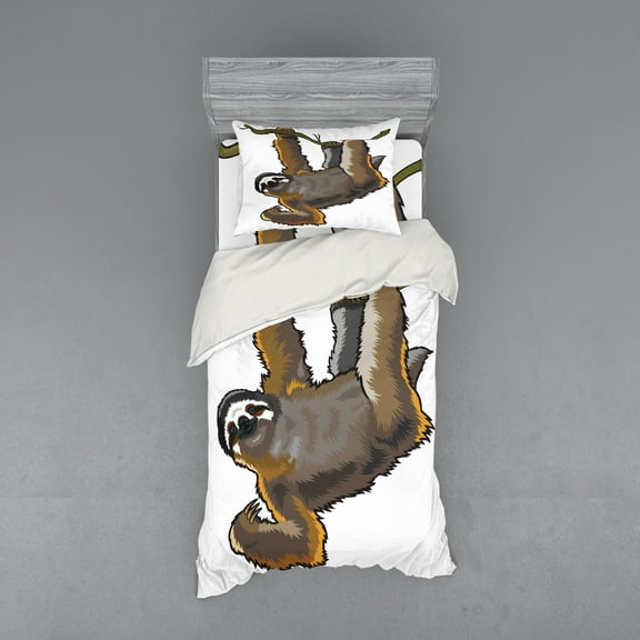 Ambesonne Animal Bedding Set 3 Pcs, Lazy Sloth Bear Cartoon, Twin XL, Grey