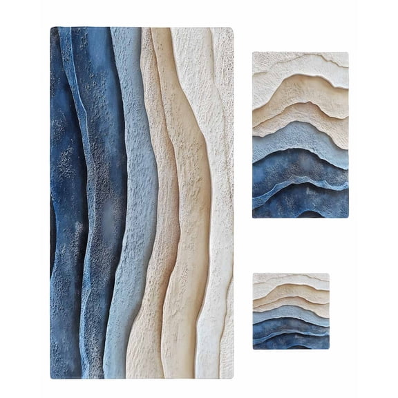 Blue Beige Towel Set of 3, Soft Microfiber Bath Towels, Hand Towel, Washcloths, Coastal Wave Modern Abstract Art Quick-Dry Absorbent Towels for Bathroom Kitchen Hotel Beach Gym Spa