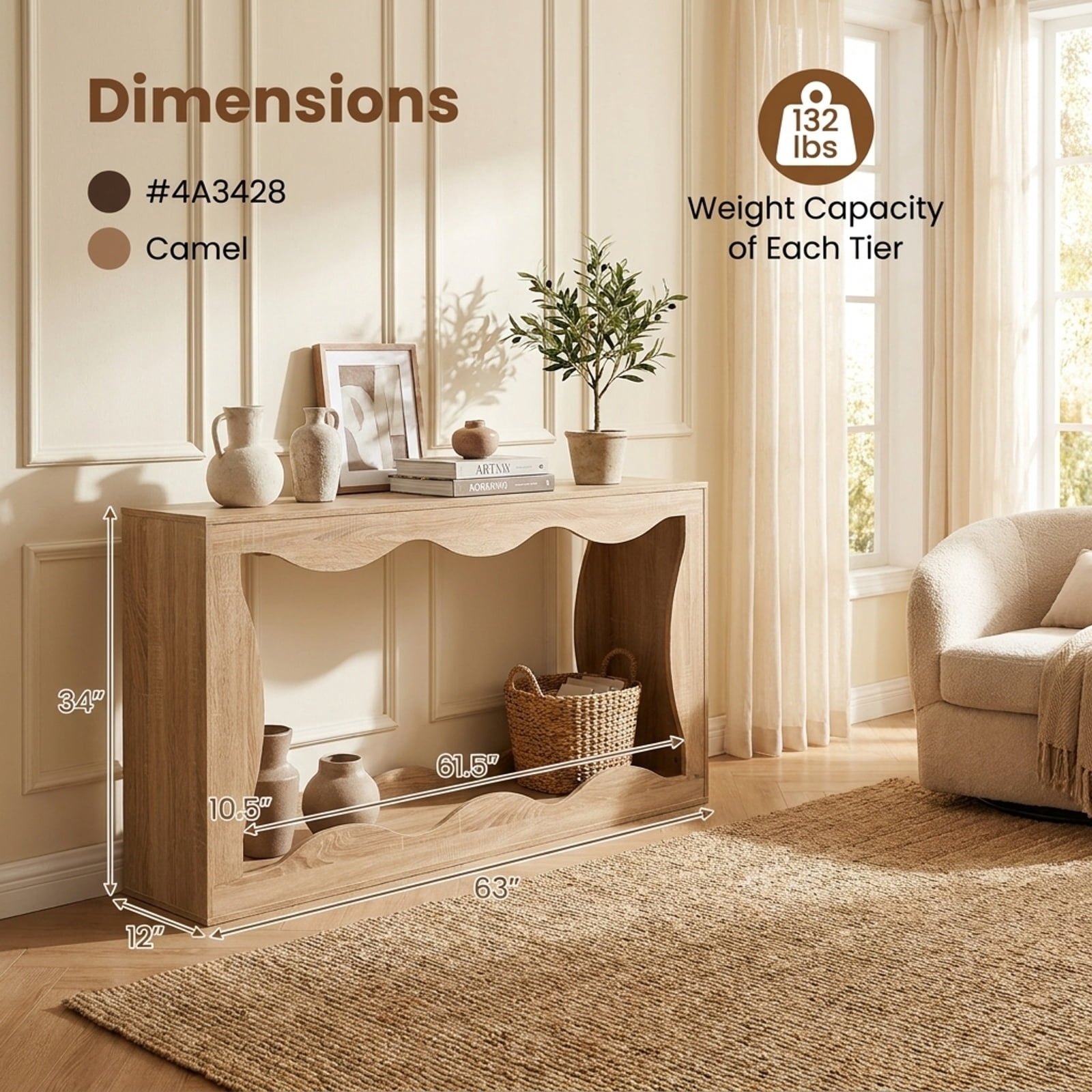 Furnibear 63 Inch Long Narrow Console Table 2 Tier Entryway Table with Wavy Edge Storage Shelf for Hallway Living Room, Natural