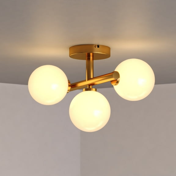 Graham 13-in W Gold Brass Contemporary Semi Flush Mount Ceiling Light Fixture White Frosted Globes
