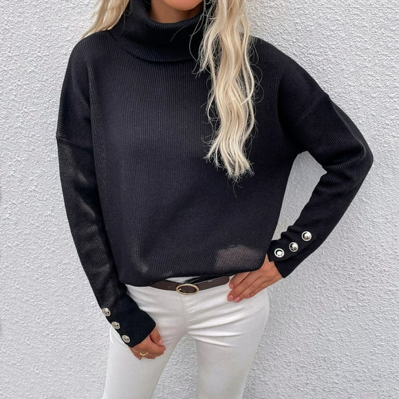 WILLBEST Valentine's Day Hoodies for Women Women Winter High Collar Button Pullover Solid Color High Collar Sweater Large Sweater