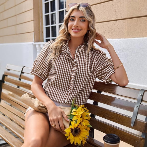 Stralyhd Button Down Shirts for Women Short Sleeve Linen Tops Plaid Blouses Loose Fit Comfy and Breathable Outfits Brown M