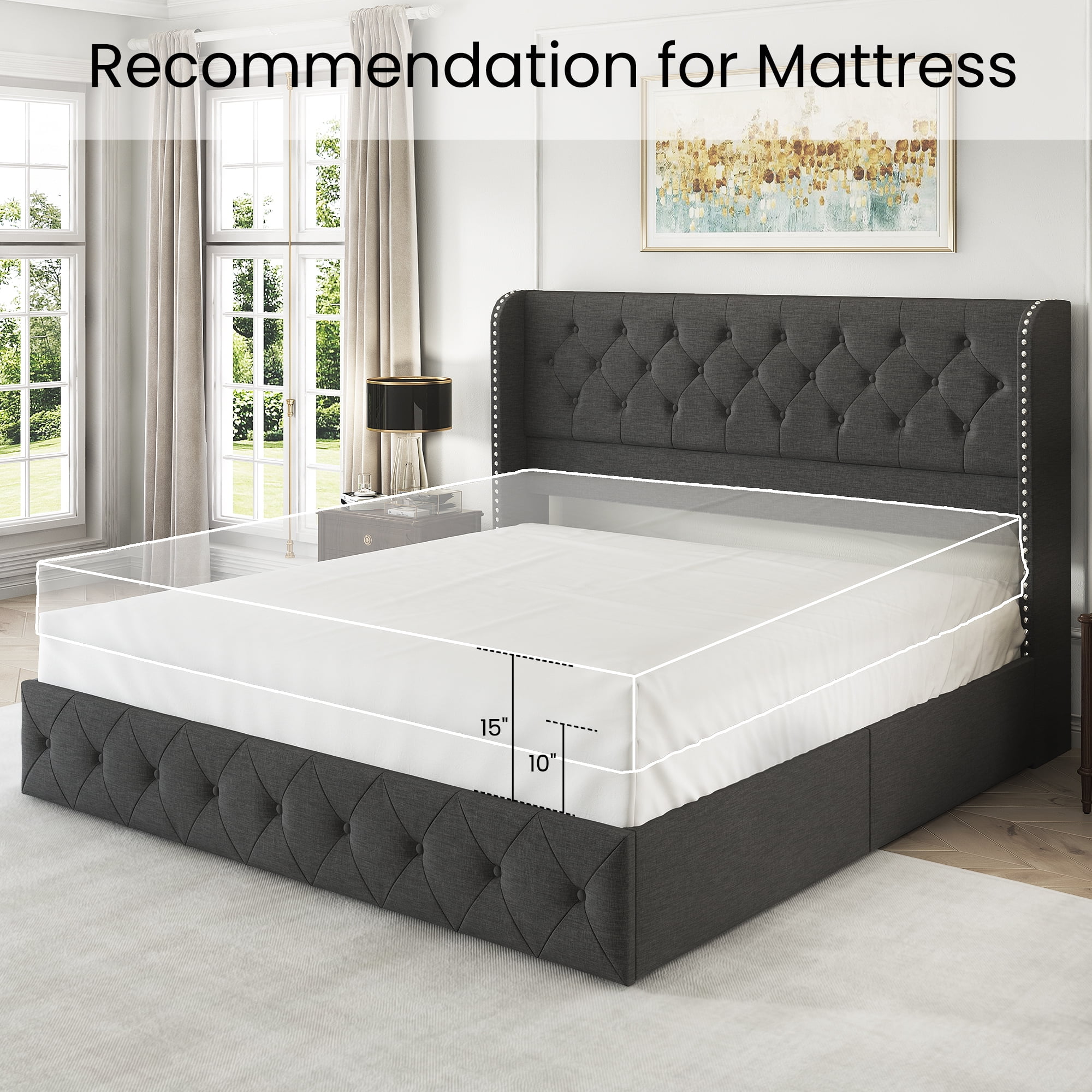 Breltam King Size Bed Frame with 4 Storage Drawers, Wingback Tufted Headboard, LED Lights, Dark Grey Velvet Upholstered Platform Bed, No Box Spring Needed