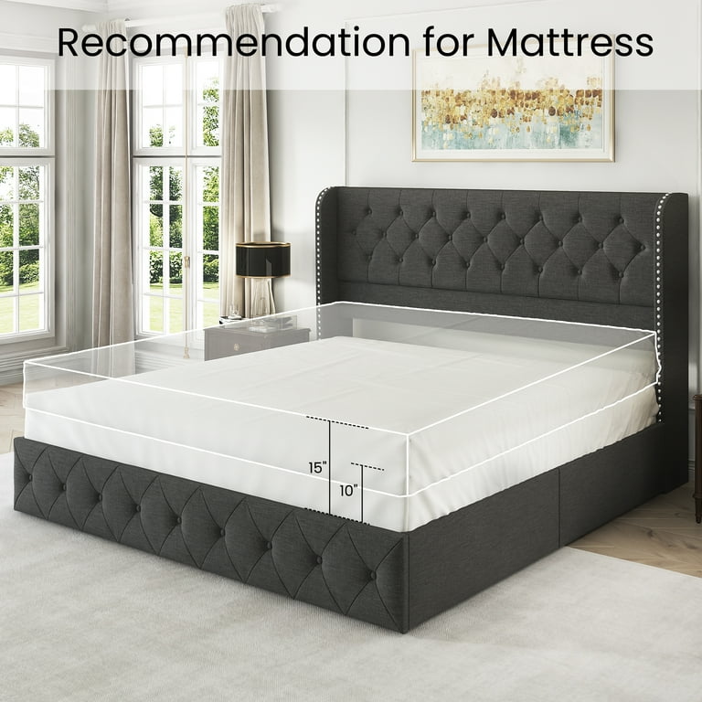 LARMACE King Size Linen Upholstered Platform Bed Frame with