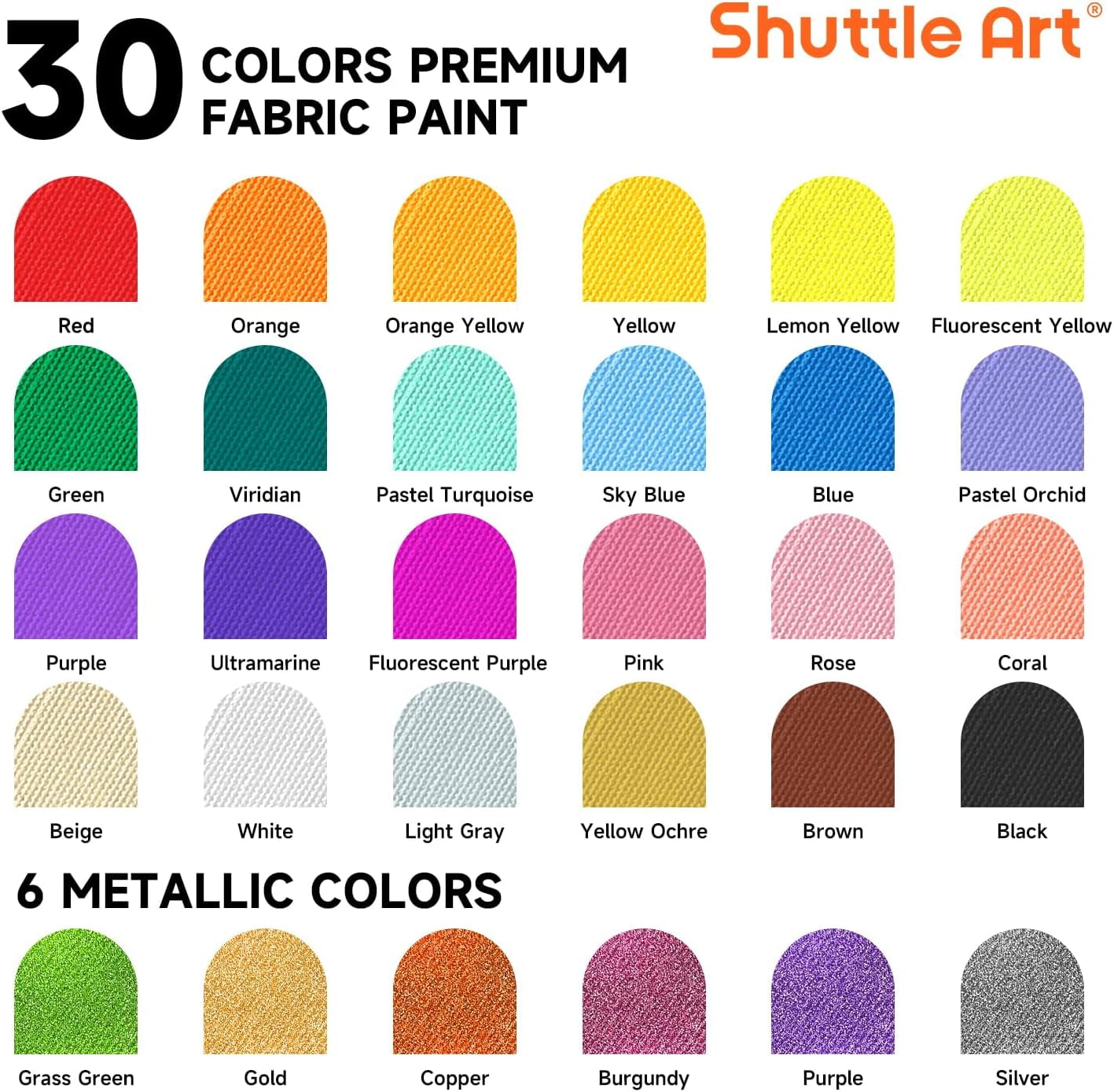 Fabric Paint, Shuttle Art 30 Colors Permanent Soft Fabric Paint in Bottles (60ml/2oz) with Brushes, Palette, Stencils, Non-Toxic Textile Paint for T-shirts, Shoes, Jeans, Bags, DIY Projects