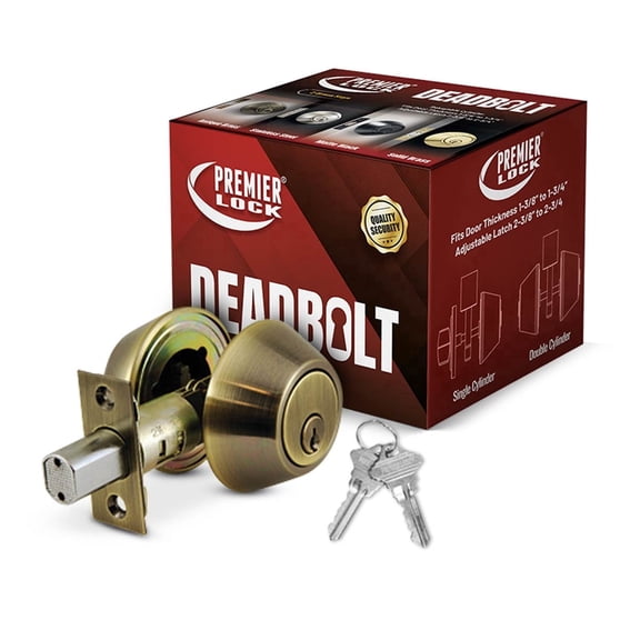 Premier Lock Double Cylinder Deadbolt, Antique Brass, Keyed Alike, 2 SC1