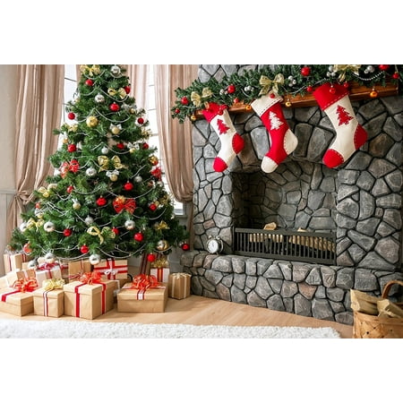 GreenDecor Polyester Fabric 7x5ft Christmas Photography Backdrops Gift Box Red Sock Brick Fireplace For Children Christmas Photo