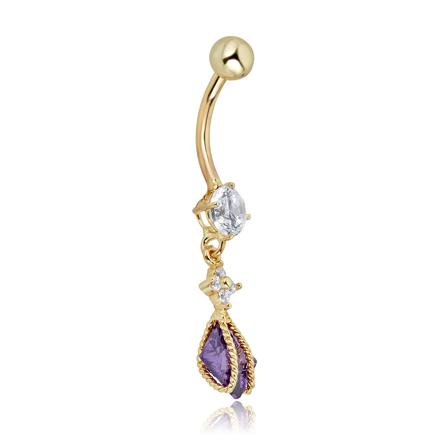 AVORA 10K Yellow Gold Purple Square-cut Simulated Diamond CZ Flower Dangling Belly Button Ring Body Jewelry (14 Gauge)