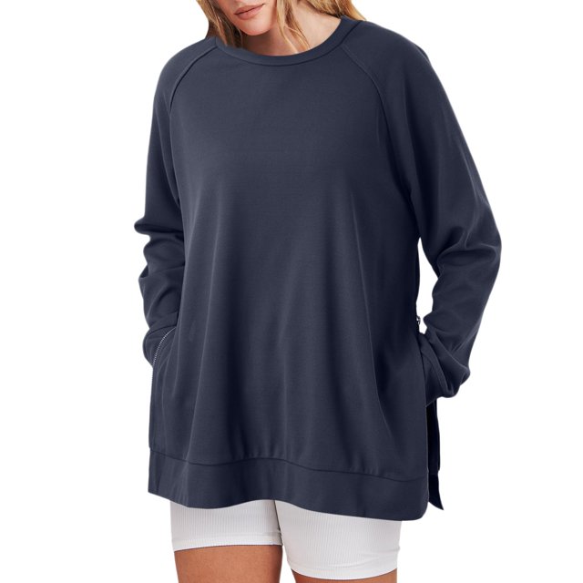 Women's Crew Neck Sweatshirt Loose Fit Oversized Pullover With Zippered Side Slits Long Sleeved Tops For Fall Fashion