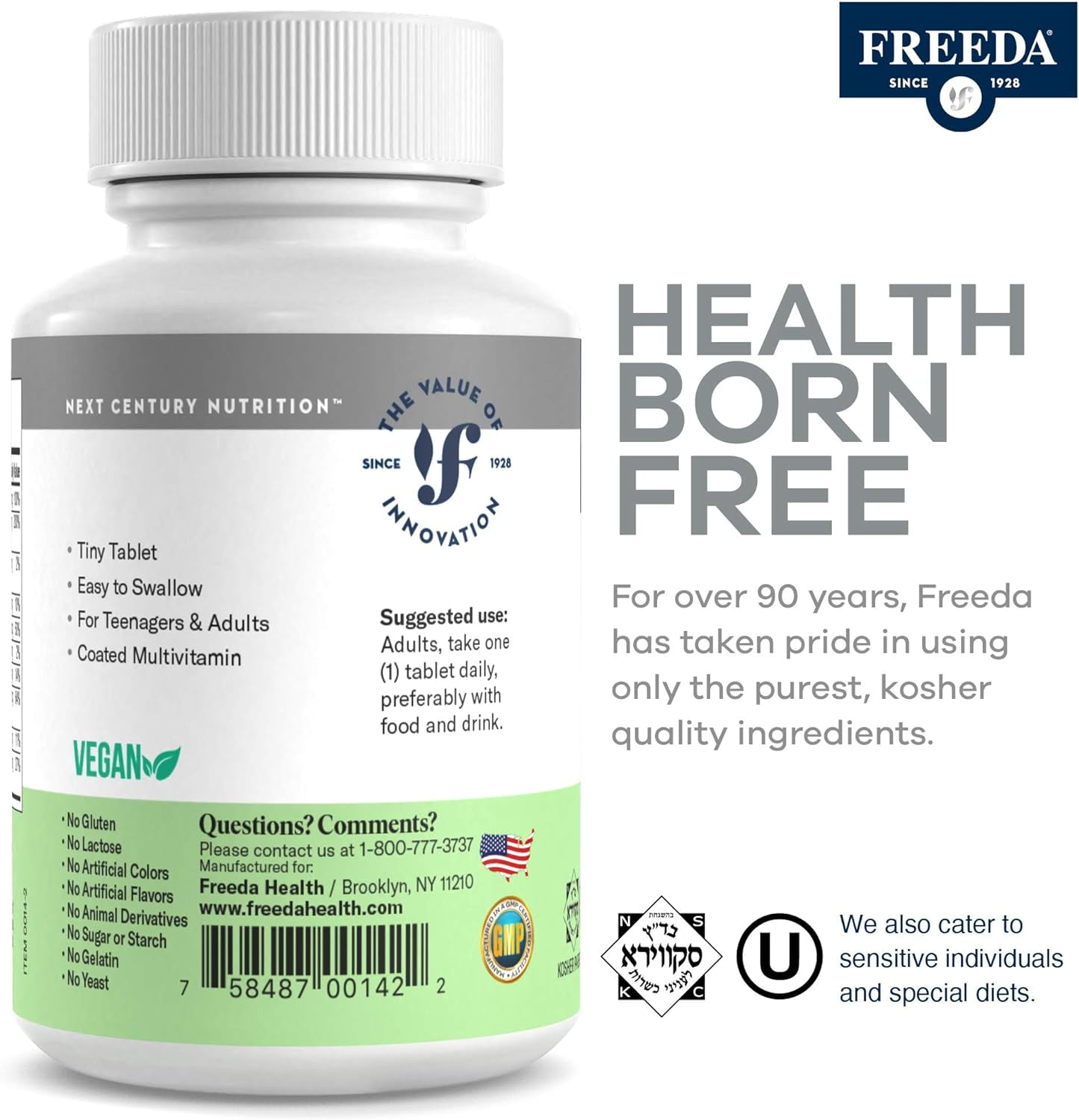 Freeda Multivitamin for Women and Men with Vitamin B1, B2, B6, B12, Folic Acid, and More, 250 Tablets