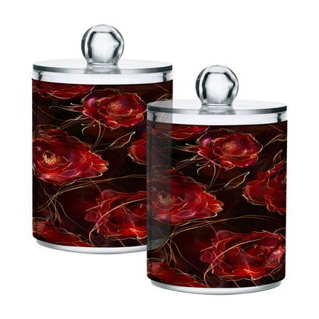Ryvnso 2 Pack Qtip Holder Organizer Beautiful Red Rose Flower Bathroom Cotton Swabs Cans Storage Canister