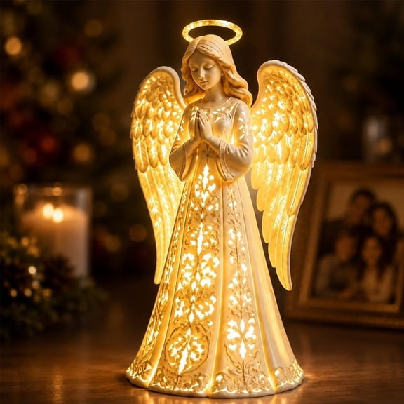 Christmas Angel Guardian Light, Praying Figurine with Warm LED Tabletop Decor