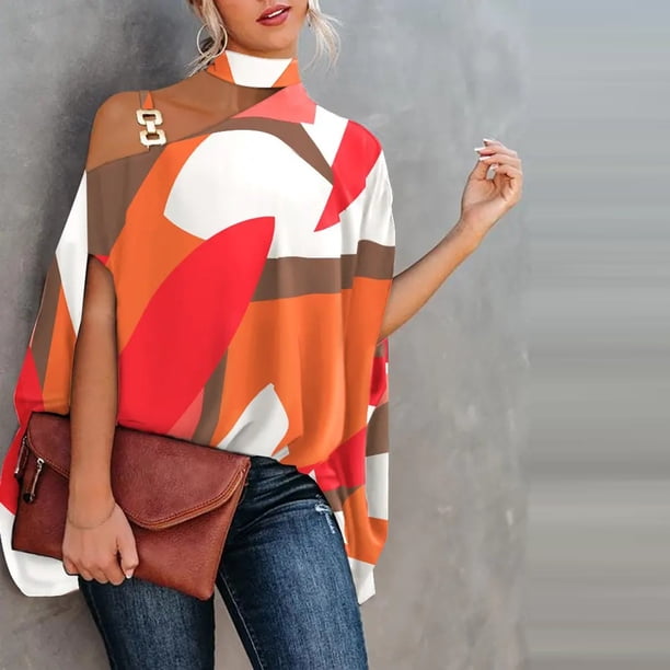 Puntoco Mujeres Casual Media Manga Murciélago Halter Cuello Hombro Impreso y Sólido Suéter Suelto Blusa tops Puntoco Puntoco-1793