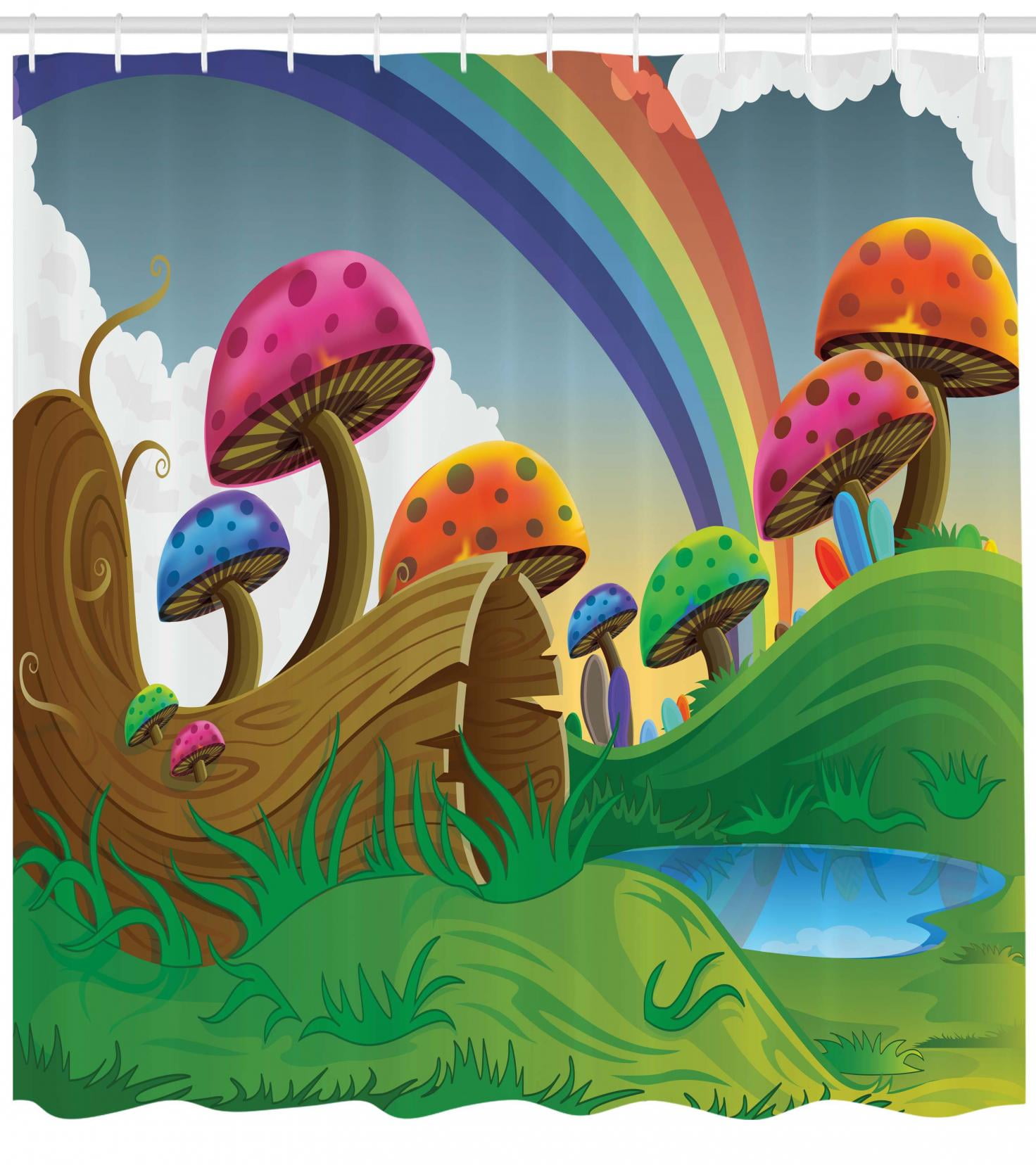 Mushroom Shower Curtain Countryside Sunny Playful Environment Mushroom Shower Curtain Countryside Sunny Playful Environment Foliage Rainbow Spring Scenery Kids Room Fabric Bathroom Set With Hooks Multicolor