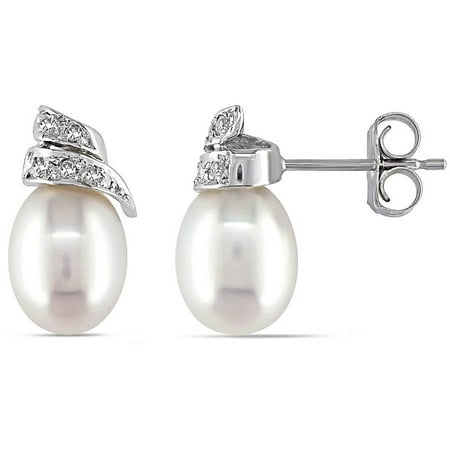 Miabella 6.5-7mm White Rice Cultured Freshwater Pearl and Diamond-Accent 14kt White Gold Swirl Earrings