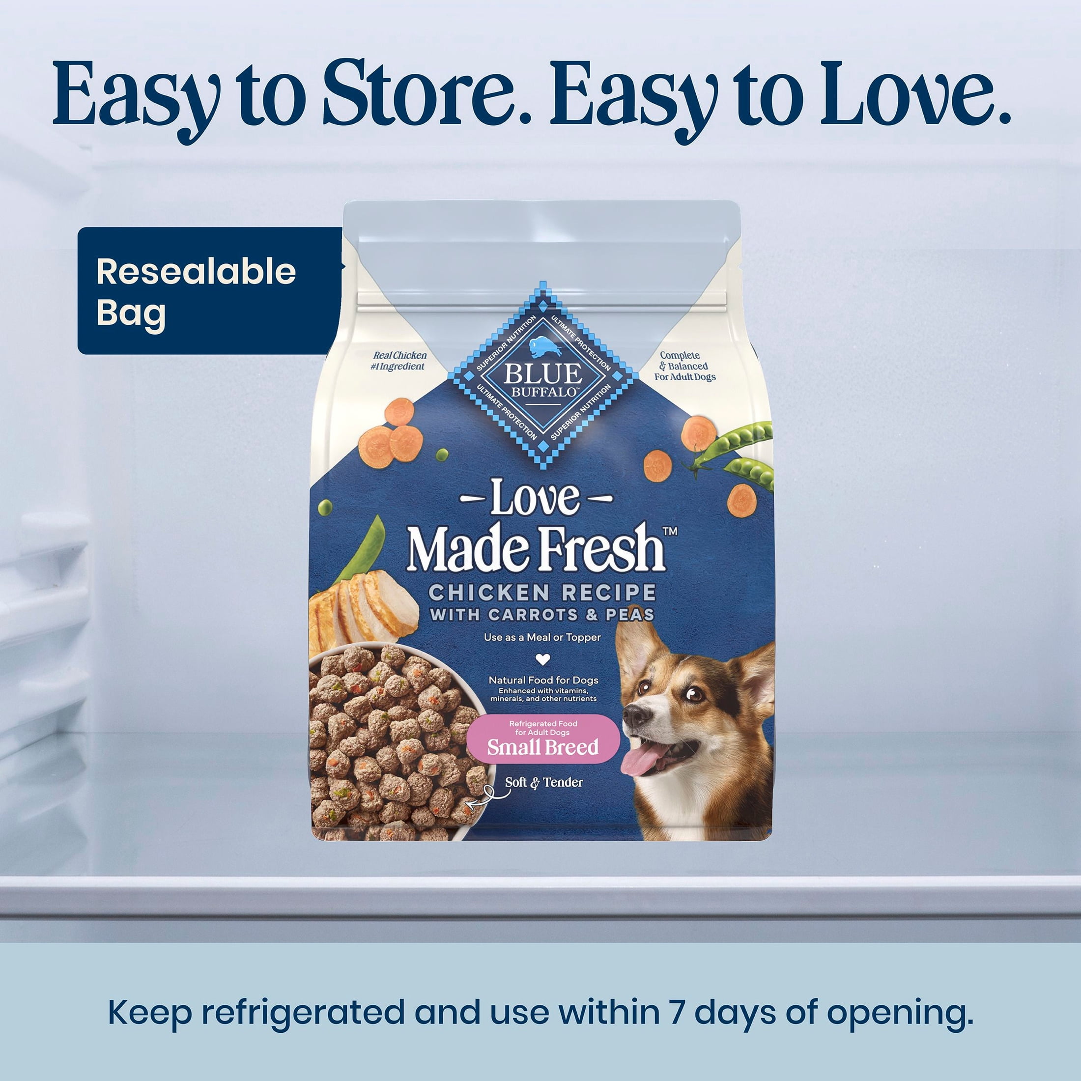 (4 pack) Blue Buffalo Love Made Fresh Small Breed Dog Food Refrigerated, Chicken Meatball 1lb Pouch