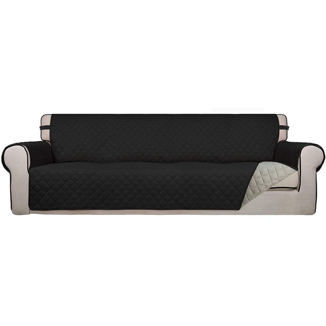 Housse de Sofa Matelassée Réversible 4 Places, Protecteur de Meuble Résistant à l'Eau, Housse de Canapé Lavable avec Mousse Antidérapante et Sangles Élastiques pour Enfants, Chiens, Animaux (XX Grand, Noir/beige)
