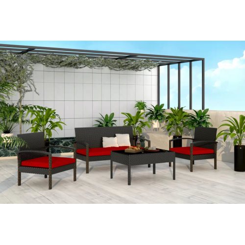 4 Piece Patio Porch Furniture Set, Outdoor Rattan Patio Furniture Sets, Patio Conversation Sets, Porch Deck Furniture, Wicker Patio Chairs and Table, Red - image 4 of 6