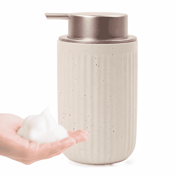 BosilunLife Ribbed Ceramic Foaming Soap Dispenser for Bathroom Vanity, Refillable Foaming Hand Soap Dispenser, Matte Apricot-red Speckles, 12 fl oz