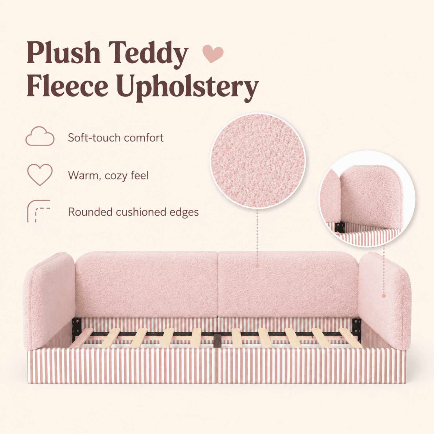 Miniyam Twin Kids Floor Bed with Padded Guardrails, Teddy Fleece Upholstered Montessori-Inspired Bed, Pink