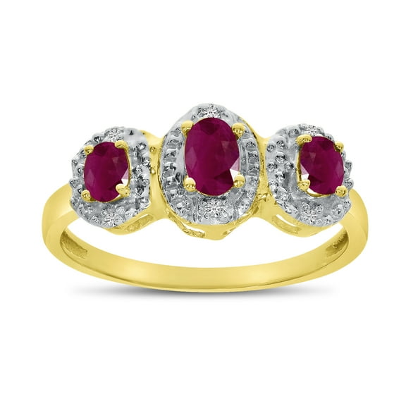 14k Yellow Gold Oval Ruby And Diamond Three Stone Ring